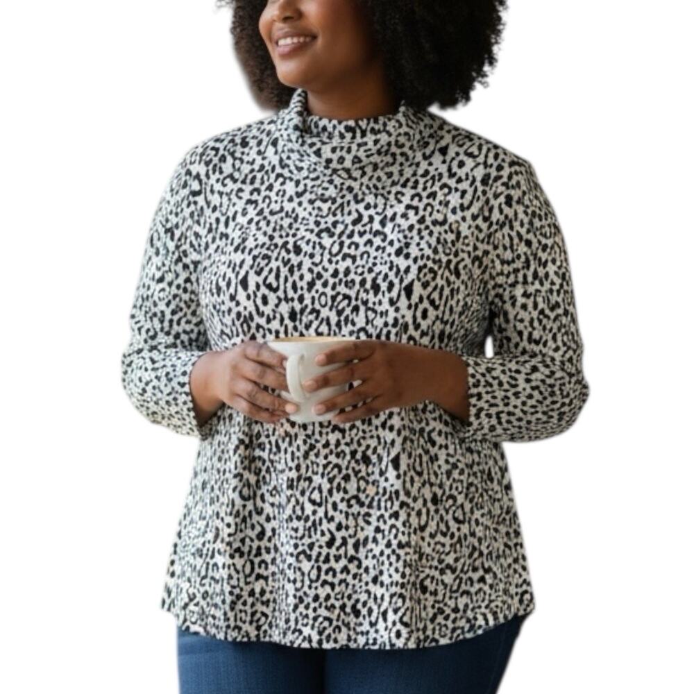 VICTOR GLEMAUD Womens Leopard Knit Mock Neck Sweater Size 1XL Cozycore Mobwife‎